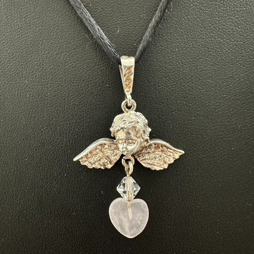 Vintage Sterling Silver Cherub Angel Baby Wings Heart Rose Quartz Pend Necklace